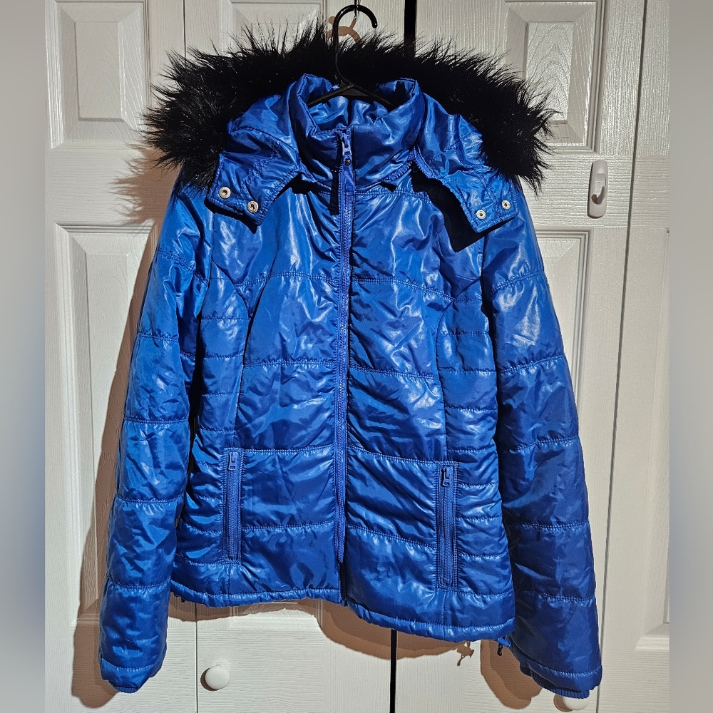 Aeropostale Puffer Jacket w/ Faux Fur Lined Removable Hood | Size Large Blue